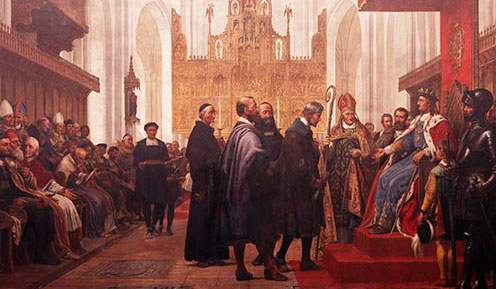 On 1 June 1479, King Christian 1 inaugurated the University of Copenhagen in the cathedral just opposite the present main building. Painting in the Ceremonial Hall by Wilhelm Marstrand, 1871.