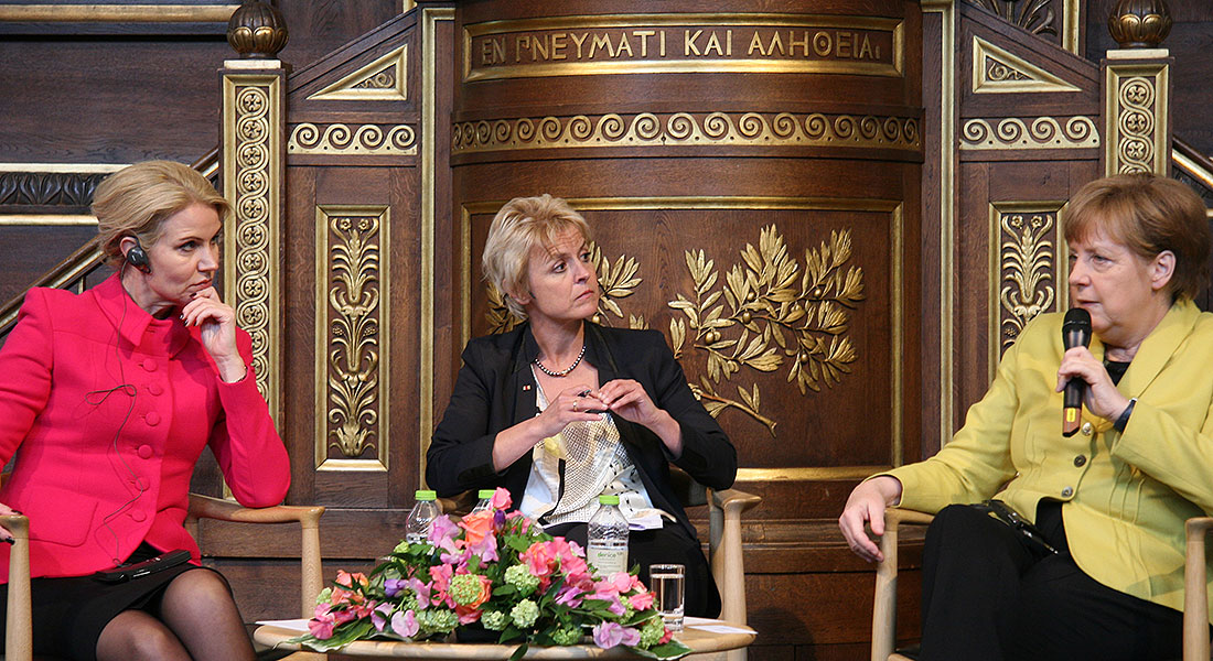 Helle Thorning-Schmidt, Lykke Friis og Angela Merkel at UCPH on 28 April 2015
